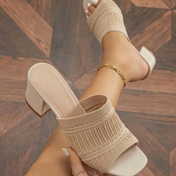 Shoes - Women Minimalist Mule Sandals, Fabric Chunky Heeled Elegant Sandals